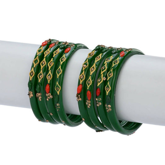 Afast Designer Fancy Party Bangle/ Kada Set, Green, Glass, Pack Of 8 - Afast Enterprises