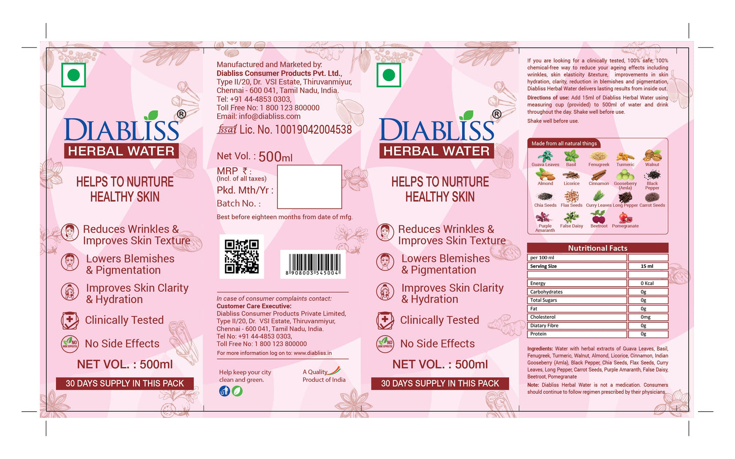 Diabliss Herbal Water For Skin Care - Swadesiicart