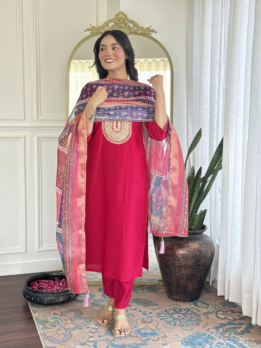 The52 Rani Gorgeous Embroidered Chanderi Silk Fabric Straight Kurta Pant with Dupatta Set - Swadesiicart