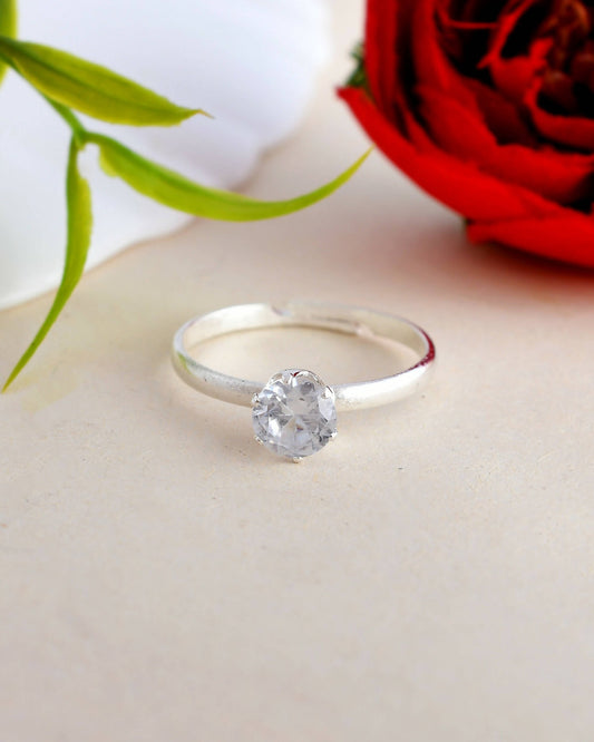 VOJ white CZ-detail Stainless Steel Cubic Zirconia Silver Plated adjustable finger Ring | Swadesiicart