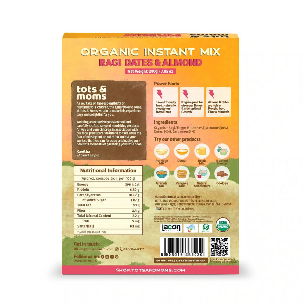 Tots and Moms Organic Ragi Dates & Almonds Instant Mix - Swadesiicart