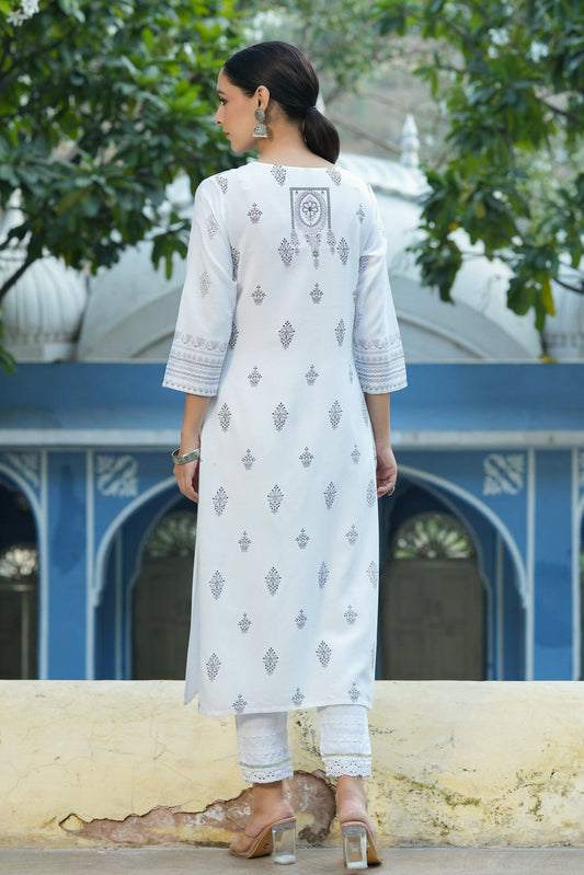 Juniper Women's White Rayon Placement Printed Straight Kurta | Swadesiicart