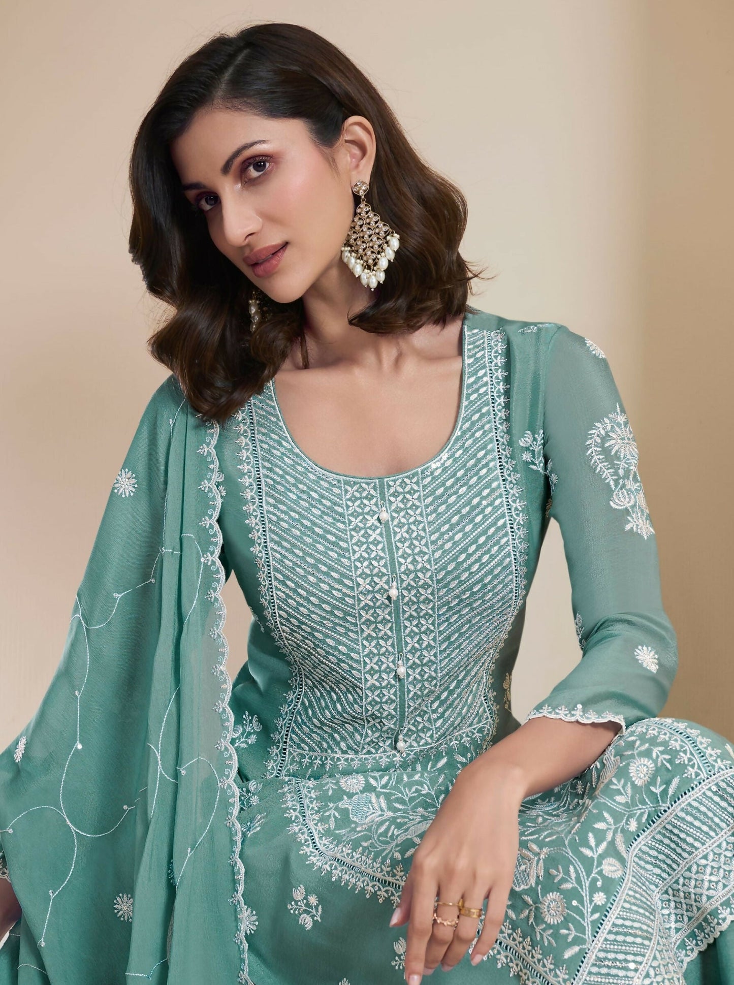 Anaita Green Chinon Embroidered Thread Work Stitched Salwar Suit