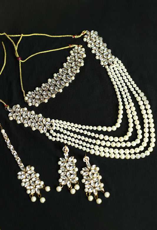 Mominos Fashion Johar Kamal Gold-Polished Rani Haar with White and Off white Pearls Jewellery Set - Mominos Fashion
