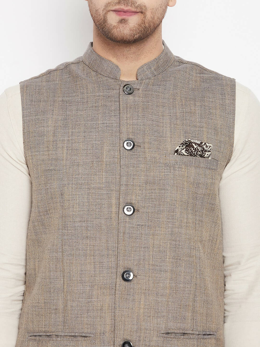 Even Apparels Brown Linen Men Woven Nehru Jacket | Swadesiicart