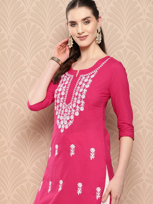 Yufta Hot Pink Floral Embroidered Pure Cotton Kurta - Swadesiicart