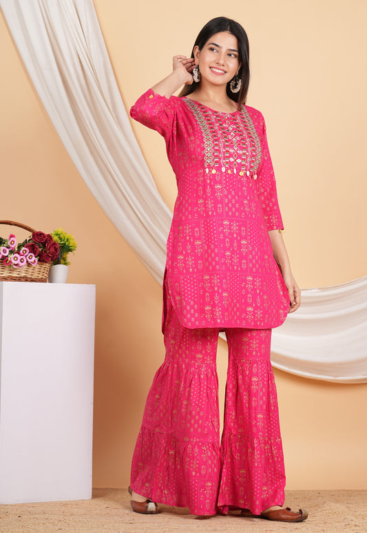 House of RP Women Pink Rayon Embroidered with Printed Kurta & Sharara Set | Swadesiicart