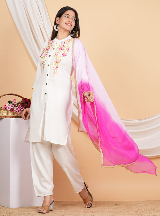 House of RP Women White Rayon Embroidered Kurta, Pant & Dupatta Set | Swadesiicart
