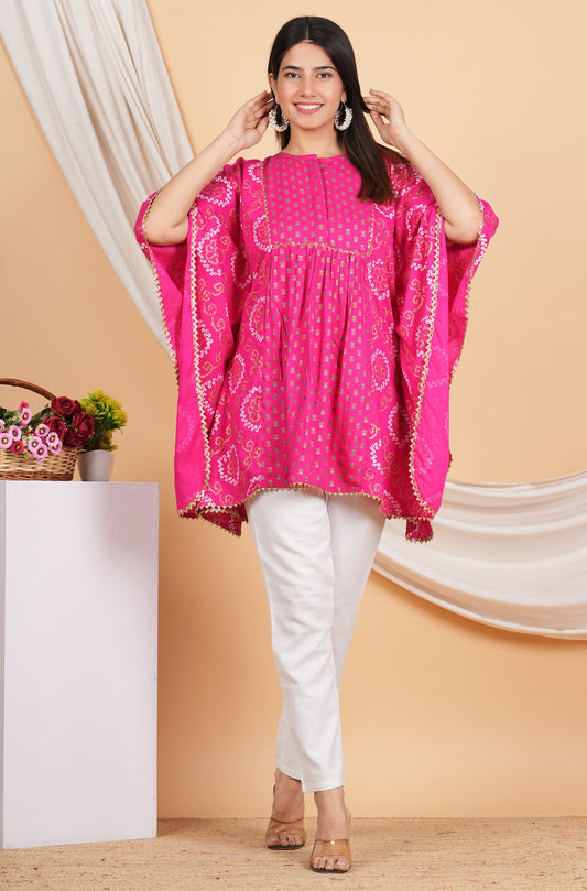 House of RP Women Pink Rayon Ethnic Print Kaftan | Swadesiicart
