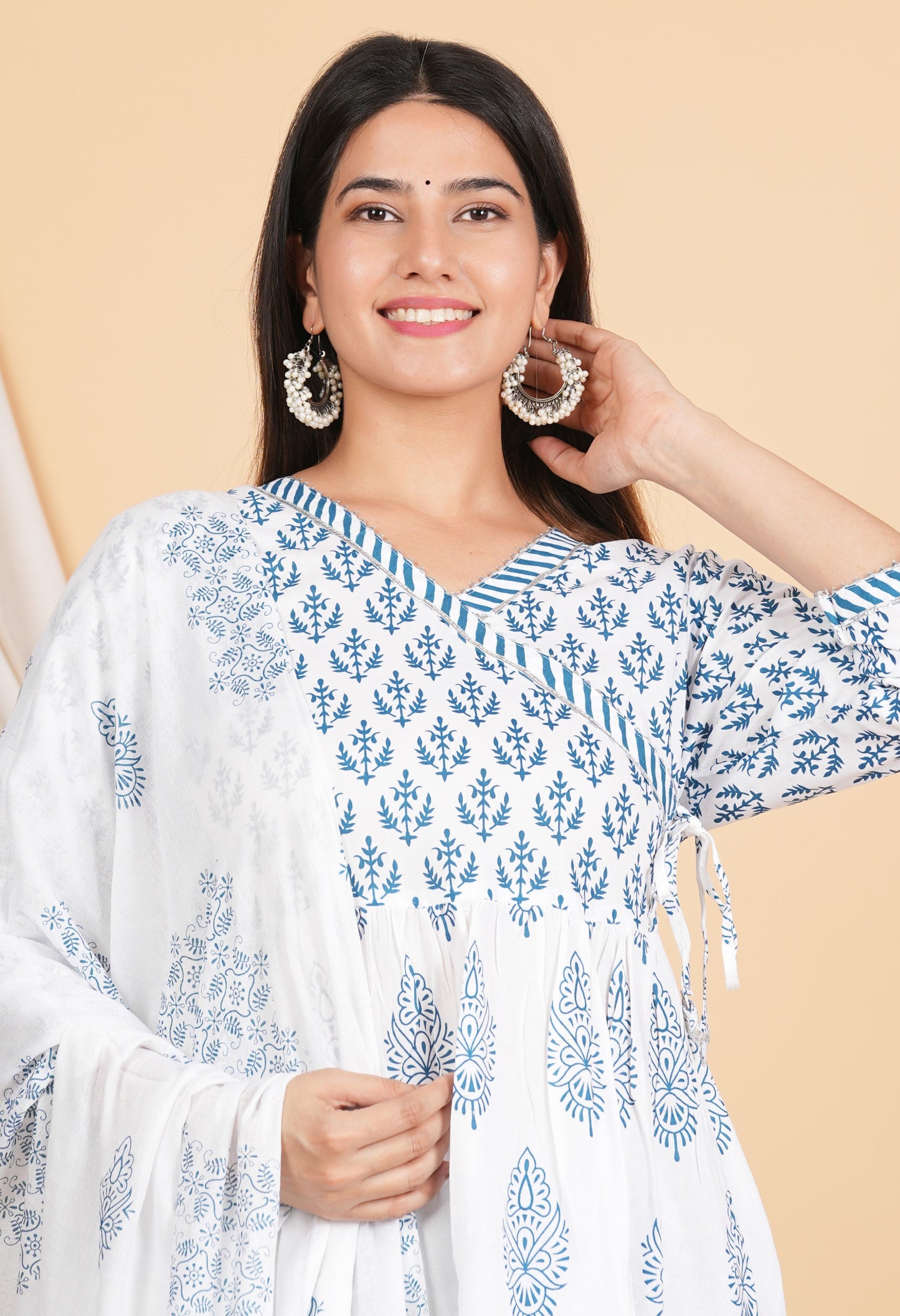 House of RP Women White & Blue Rayon Floral Print Kurta, Pant & Dupatta Set | Swadesiicart