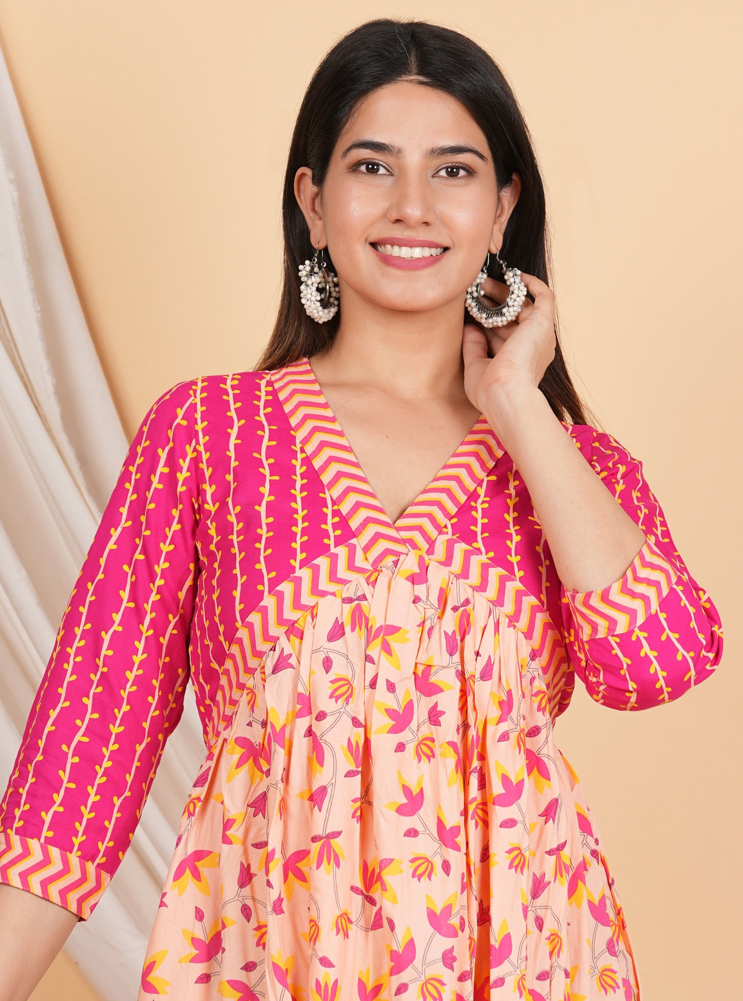 House of RP Women Rayon Peach Floral Printed Dress - Swadesiicart