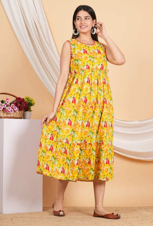 House of RP Women Rayon Yellow Abstract Printed Dress - Swadesiicart