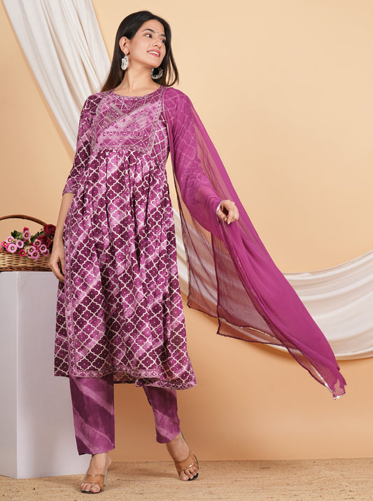 House of RP Women Rayon Dark Purple Ethnic Print Naira Cut Kurta, Pant & Dupatta Set | Swadesiicart