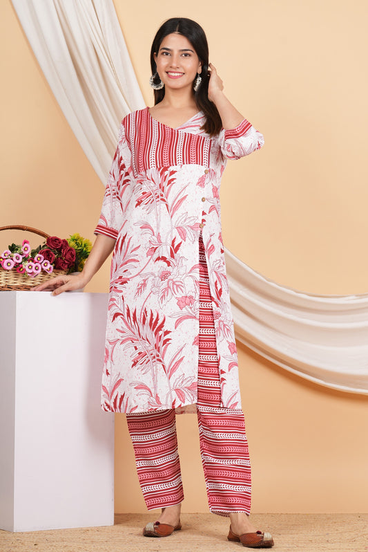 House of RP Women White & Red Rayon Floral Print Kurta & Pant Set | Swadesiicart
