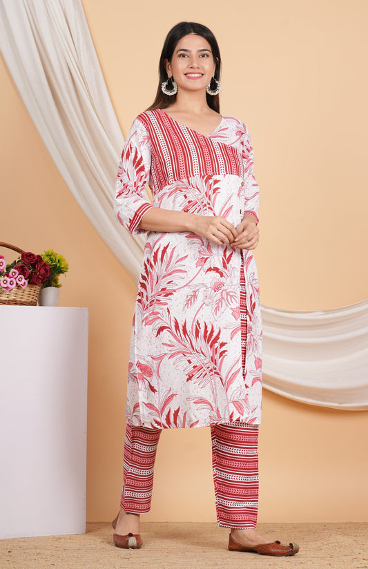 House of RP Women White & Red Rayon Floral Print Kurta & Pant Set | Swadesiicart