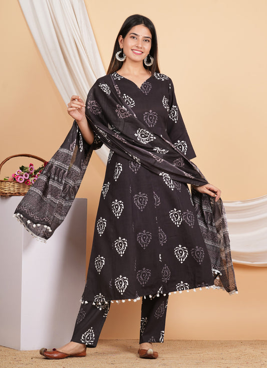 House of RP Wine Rayon Floral Print Kurta, Palazzo & Dupatta Set | Swadesiicart