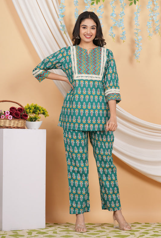 House of RP Women Teal Cotton Kurta & Pant Set | Swadesiicart