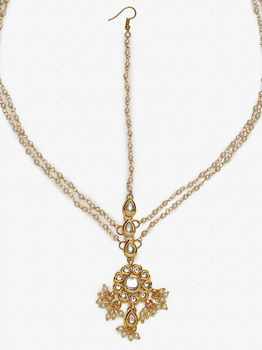Gold-Polished White Kundan Studded Matha Patti - Ruby Raang | Swadesiicart
