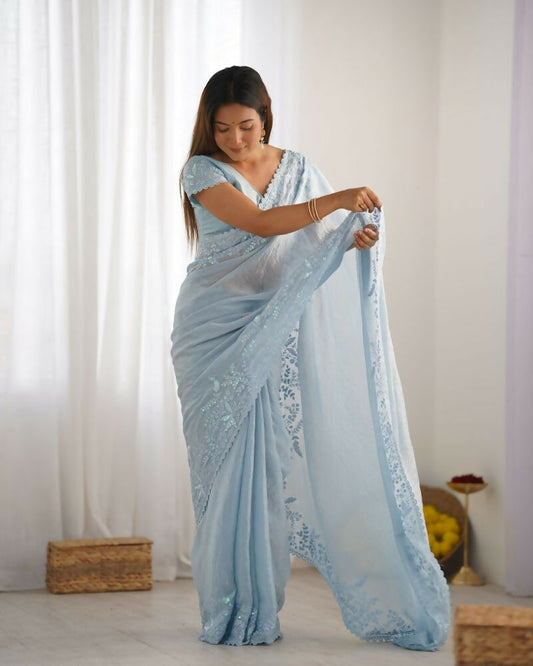 Vamsee Onam Sky Crushed Fandy Tissue Silk Saree - Swadesiicart