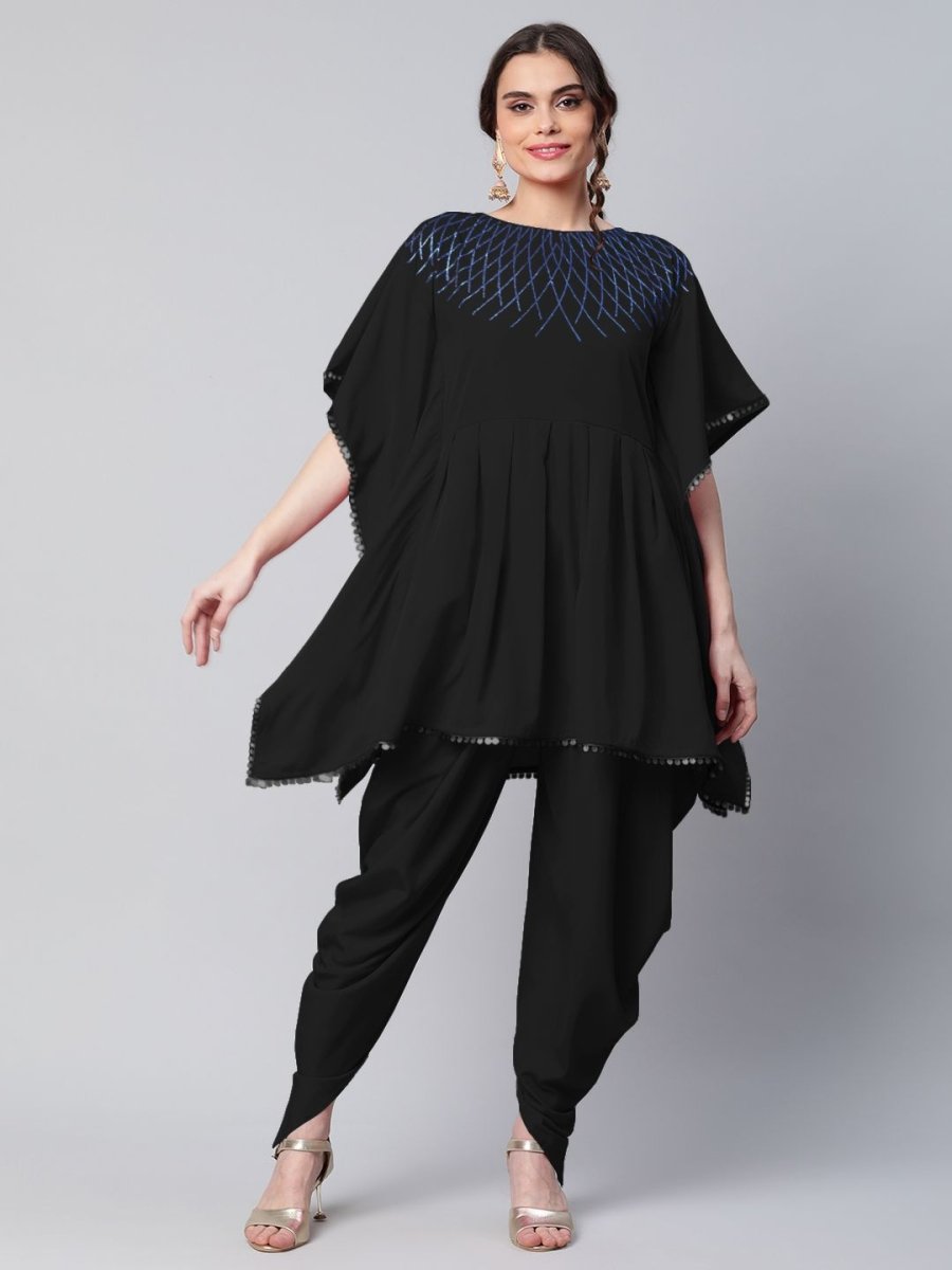 Ahalyaa Women Black Crepe Glitter Printed Kurta with Dhoti Pants | Swadesiicart