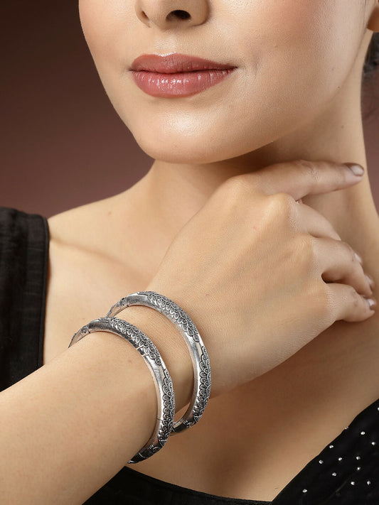 NVR Women's Set of 2 Silver-Toned German Silver Peacock Design Oxidised Kada Bangle - NR Retail-NVR
