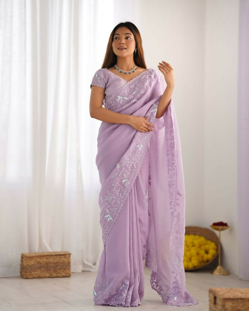 Vamsee Onam Lavender Crushed Fandy Tissue Silk Saree - Swadesiicart