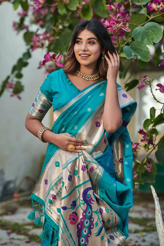 Vishnu Weaves Women's Firozi Banarasi Silk Zari Woven Paithani Saree with Unstitched Blouse - Swadesiicart