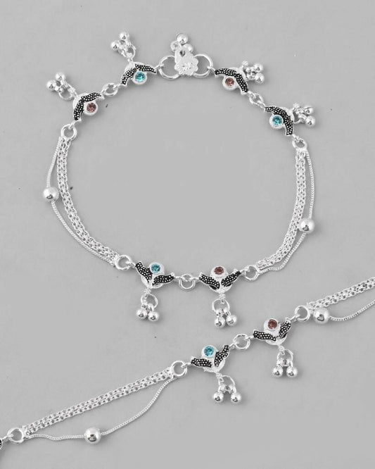 VOJ Set of 2 Designer Mutli Color Stone Studded Anklet - Swadesiicart