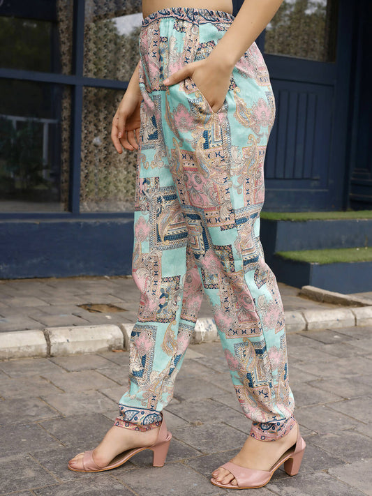 Pink & Blue Rayon Paisley Printed Top with Matching Bottom - Eesha - Swadesiicart