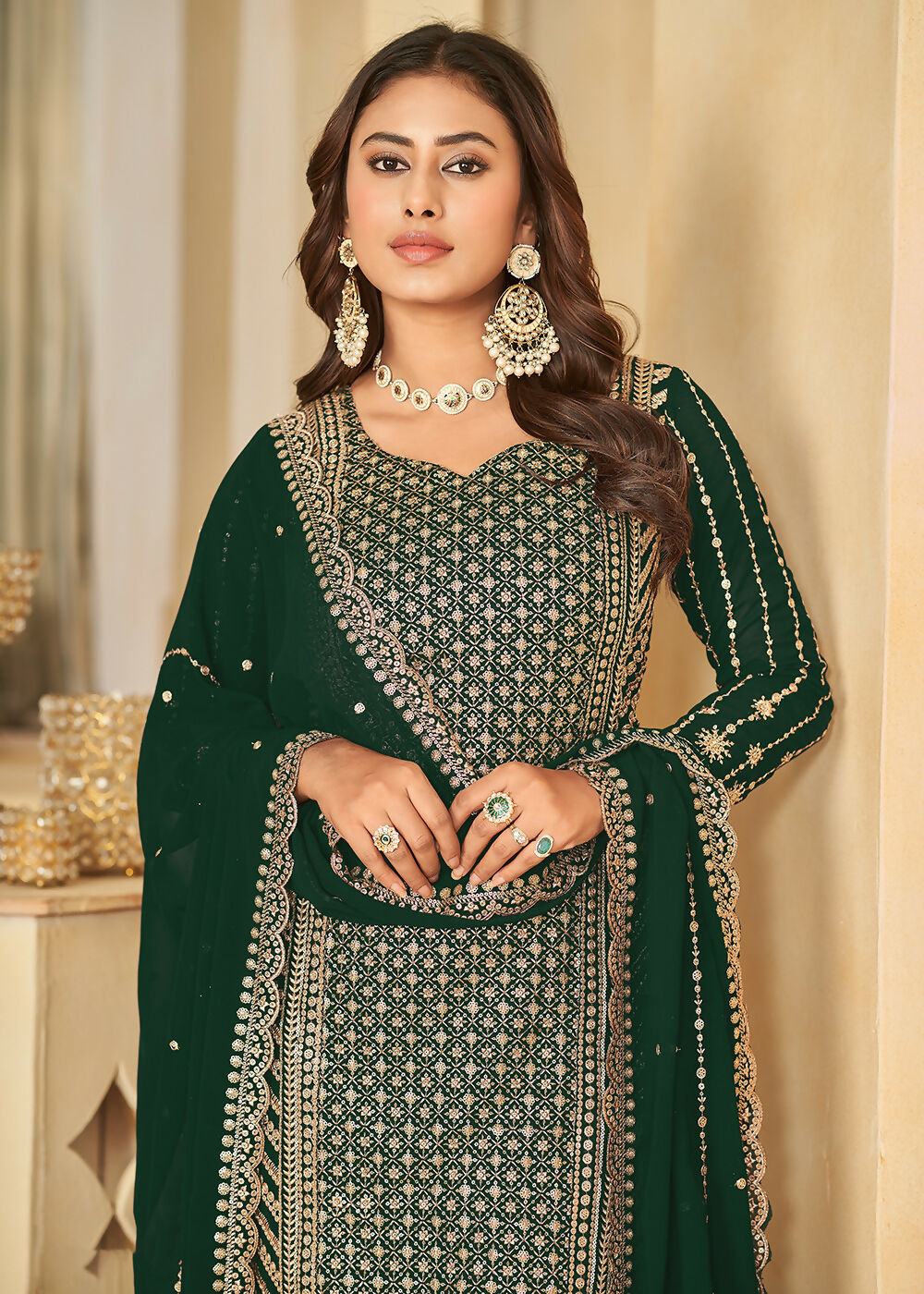 Mesmeric Green Faux Georgette Palazzo Suit with Embroidery - Emponline | Swadesiicart