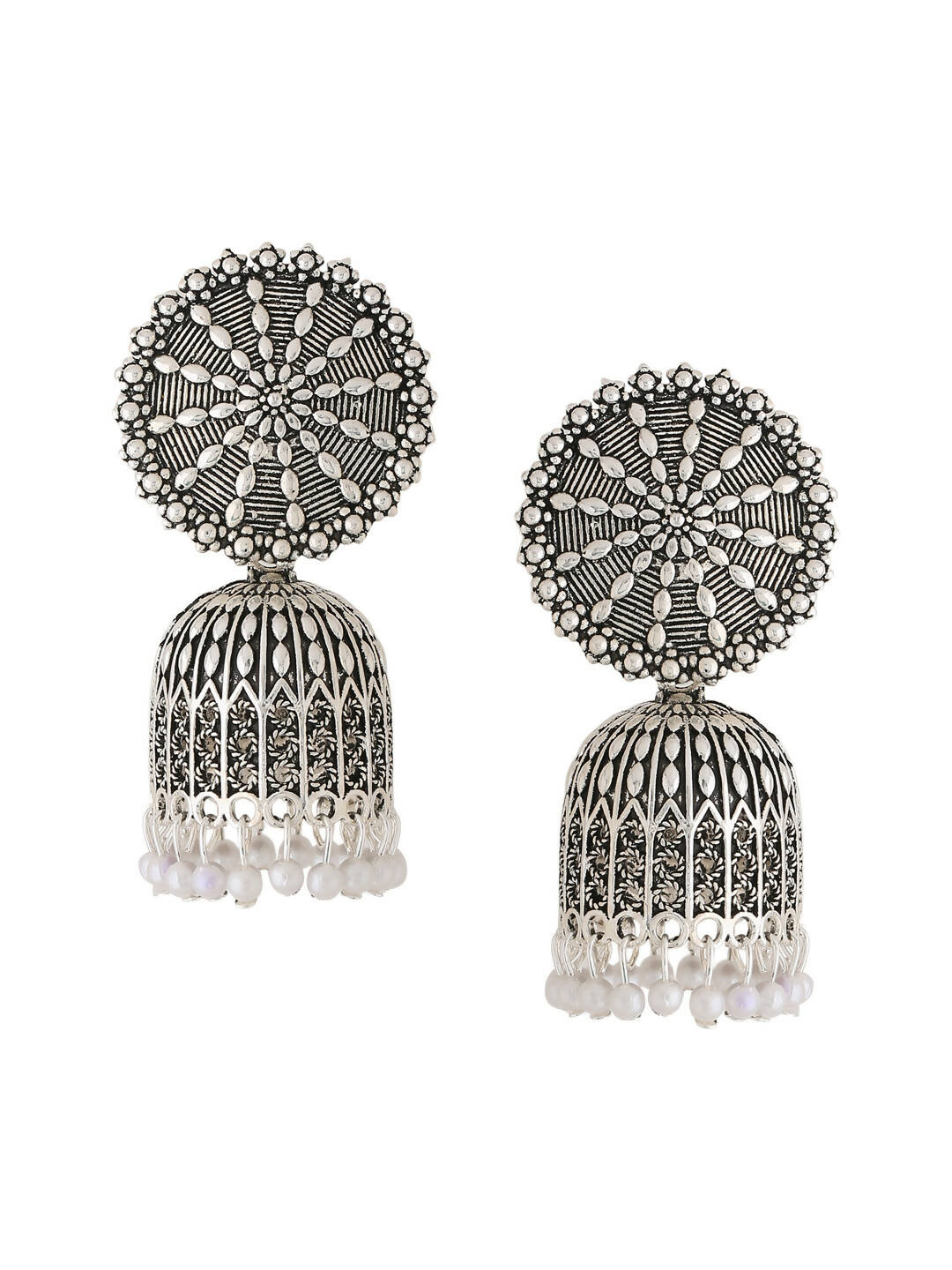 NVR Women Silver Toned Dome Shaped Jhumkas Earrings | Swadesiicart