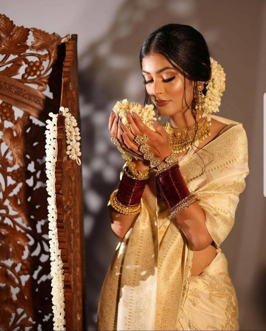 DEIANA'S Beautiful Designer Golden zari Soft Lichi Silk Saree - Cream - Swadesiicart