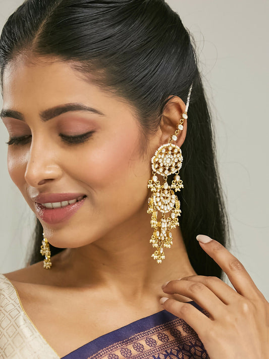 Nuyug 22 K Gold-Plated Elegant Kundan Studded & Pearl Beaded Crescent Shaped Kanauti Earrings | Swadesiicart