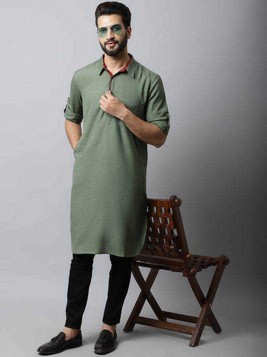 Even Apparels Green Color Linen Solid Men's Kurta With Shirt Collar (LN944) | Swadesiicart