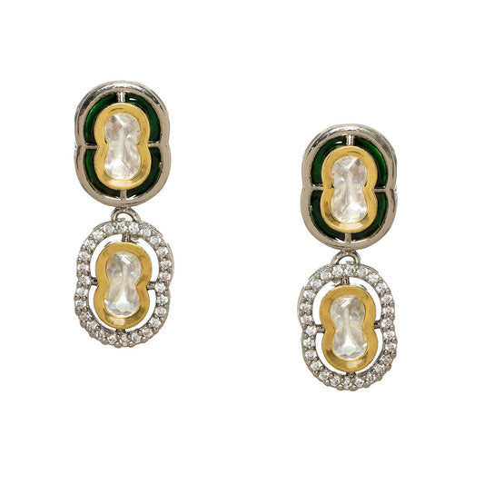 Double Mufli (peanut) Meenakari and Diamond Earrings (Silver) - Ruby Raang | Swadesiicart