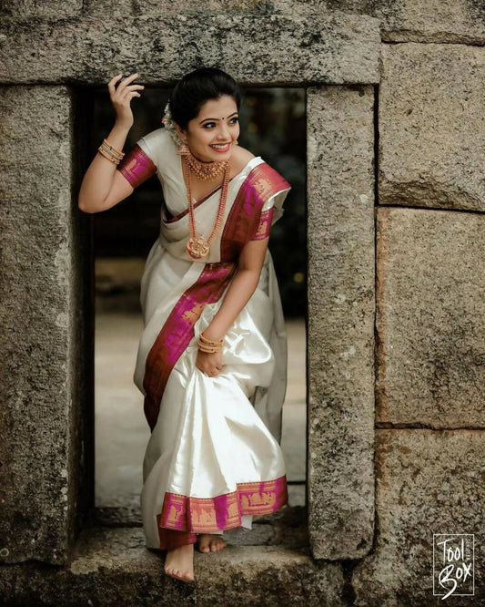 DEIANA'S Beautiful Designer Golden zari Soft Lichi Silk Saree - White - Swadesiicart