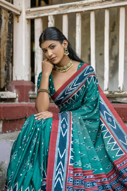 Vishnu Weaves Women's Rama Cotton Silk Printed Saree with Blouse - Swadesiicart