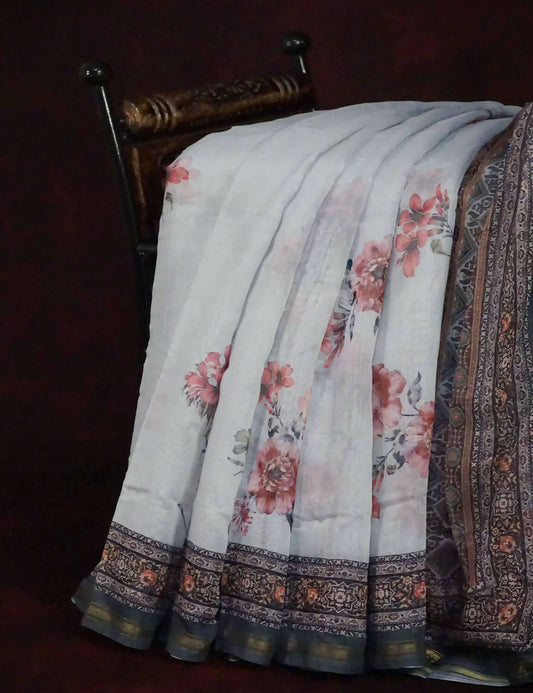 Off White Colour Printed Semi Chanderi Design Saree By Gayathri Reddy Designer Studio | Swadesiicart