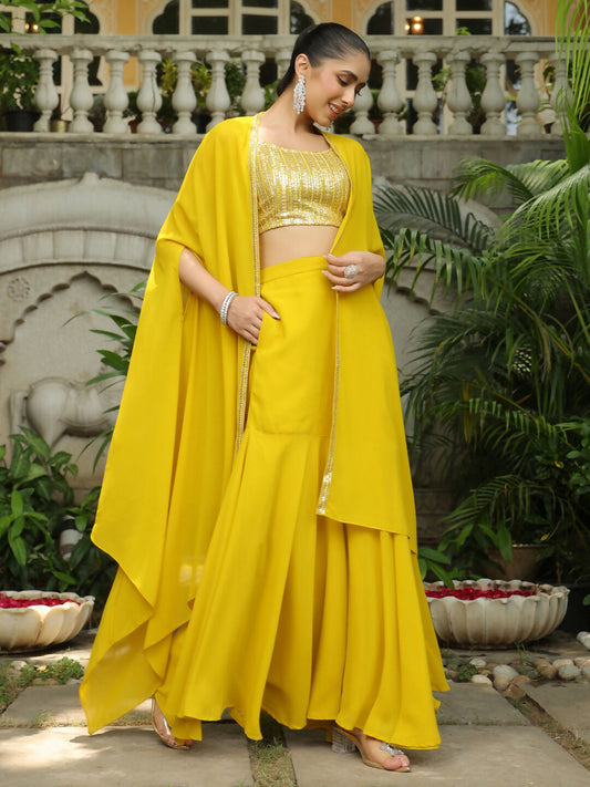 Janasya Yellow Georgette Sequined Top Bottom Cape | Swadesiicart