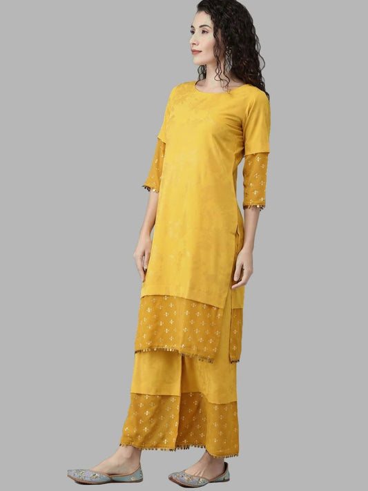 Ahalyaa Women Mustard Crepe Printed Kurta Palazzo Set With Dupatta | Swadesiicart