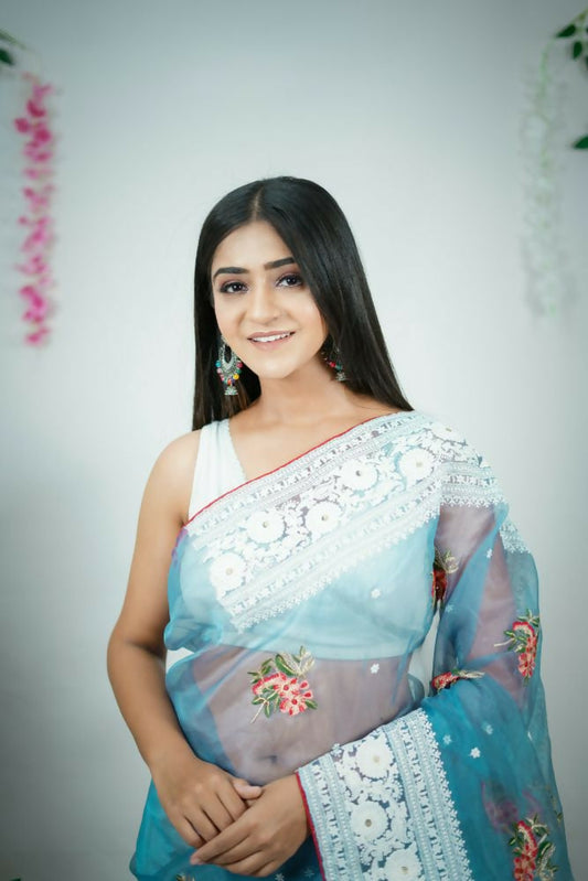 Vamsee Patralekha Blue Organza Saree - Swadesiicart