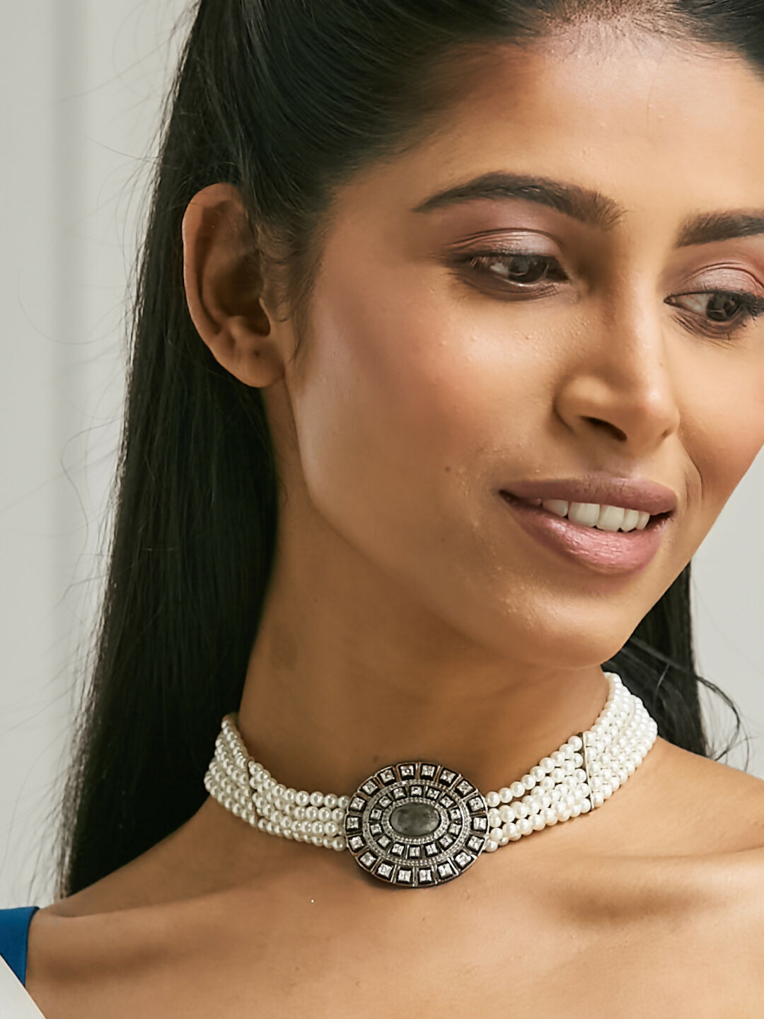 Nuyug Pearl Beaded Semi Precious Labradorite Stone & Enamelled Choker Necklace | Swadesiicart