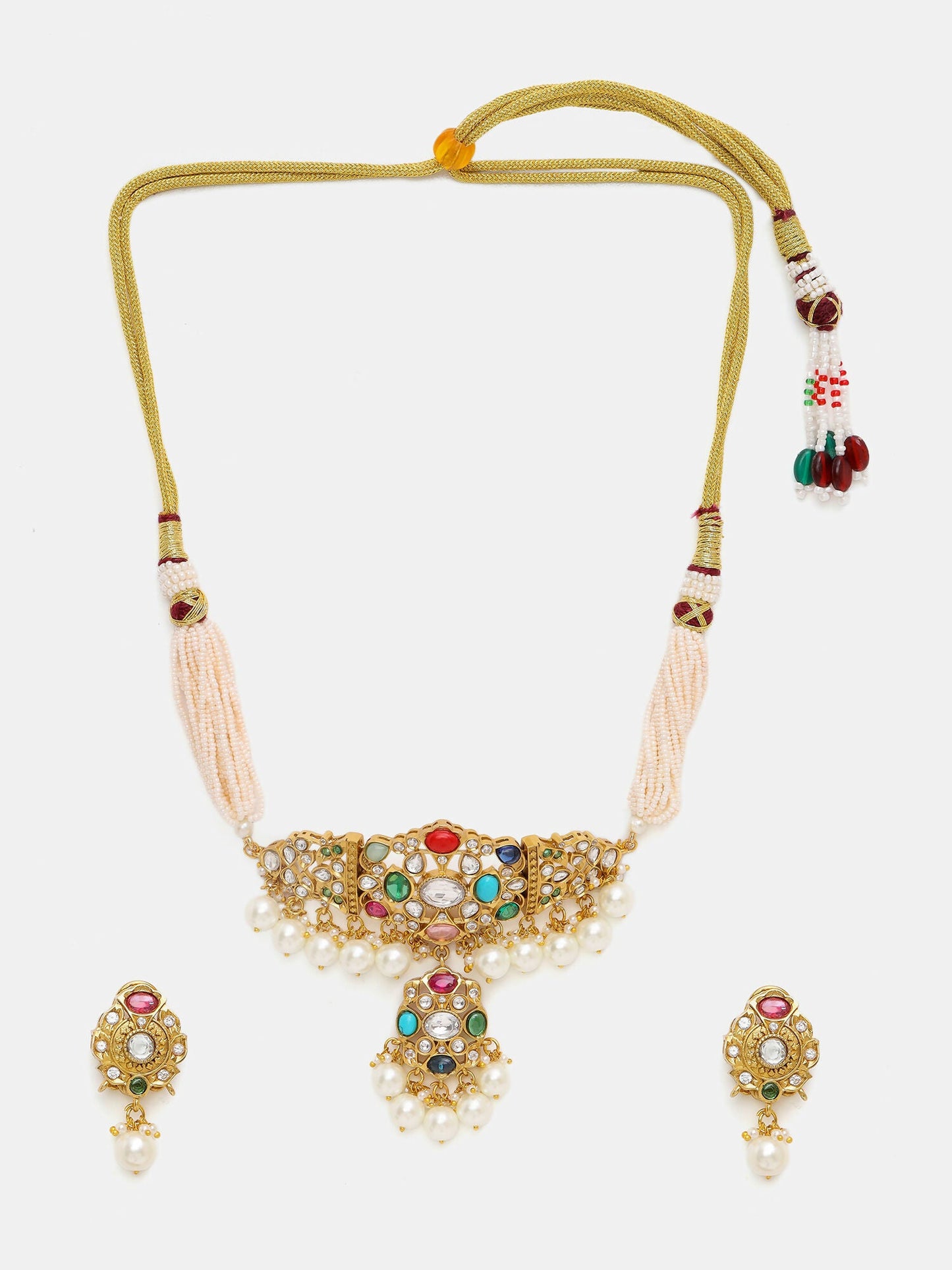 Ruby Raang Gold Polished Kundan Work Multi-Color Navratan Kundan Choker With Stud Earrings | Swadesiicart