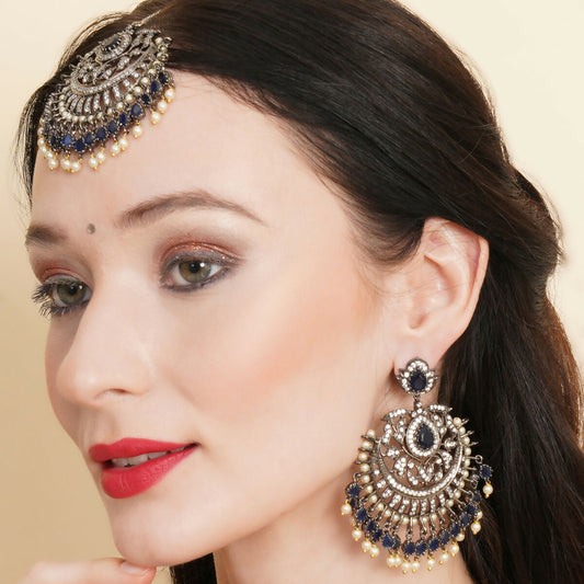 Diamond & Blue Stone Earrings with Matching Maang Tikka- Ruby Raang