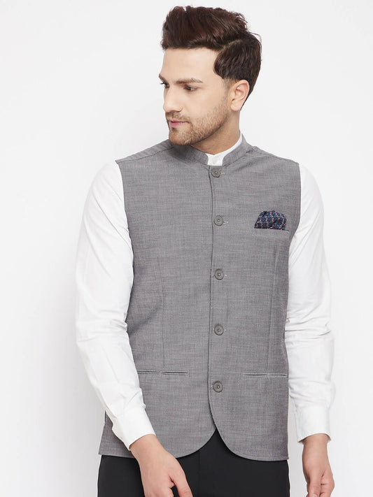 Even Apparels Grey Merino Men's Nehru Jacket-Contrast Lining-Free Pocket Square PW690 | Swadesiicart