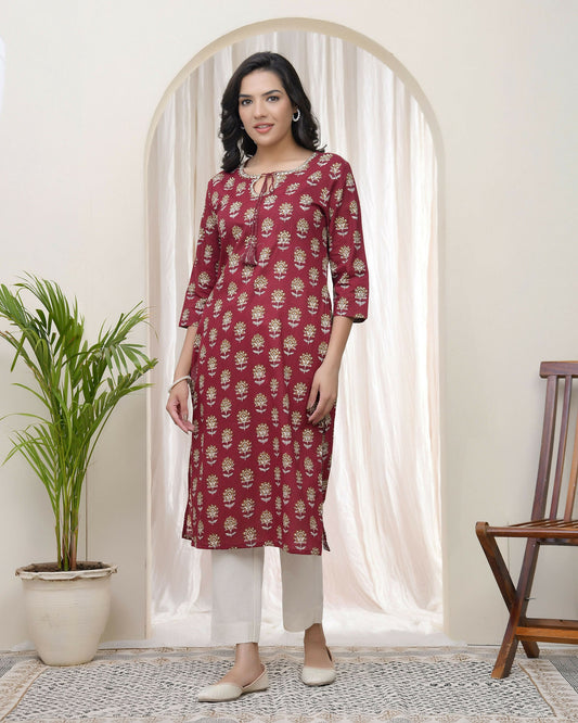 Vaasva Women Maroon Cotton Printed Straight Kurti With Pant | Swadesiicart