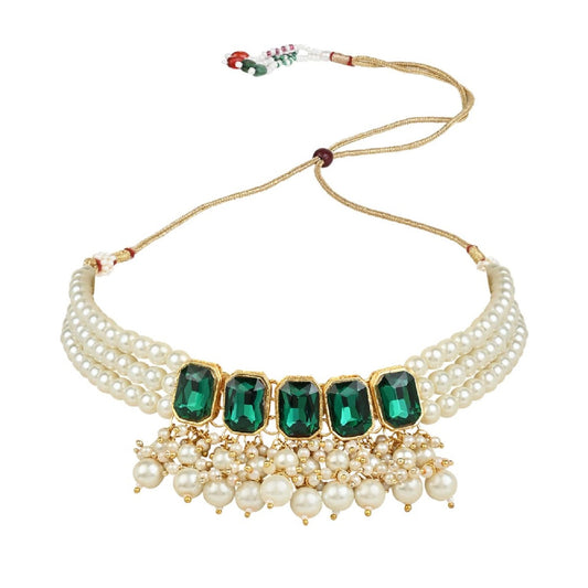 Gold-Polished Traditional Green Stone Studded Multi Layered White Pearl Choker Necklace Jewellery Set with Earrings for Women And Girls - Wahe Jewels - Swadesiicart