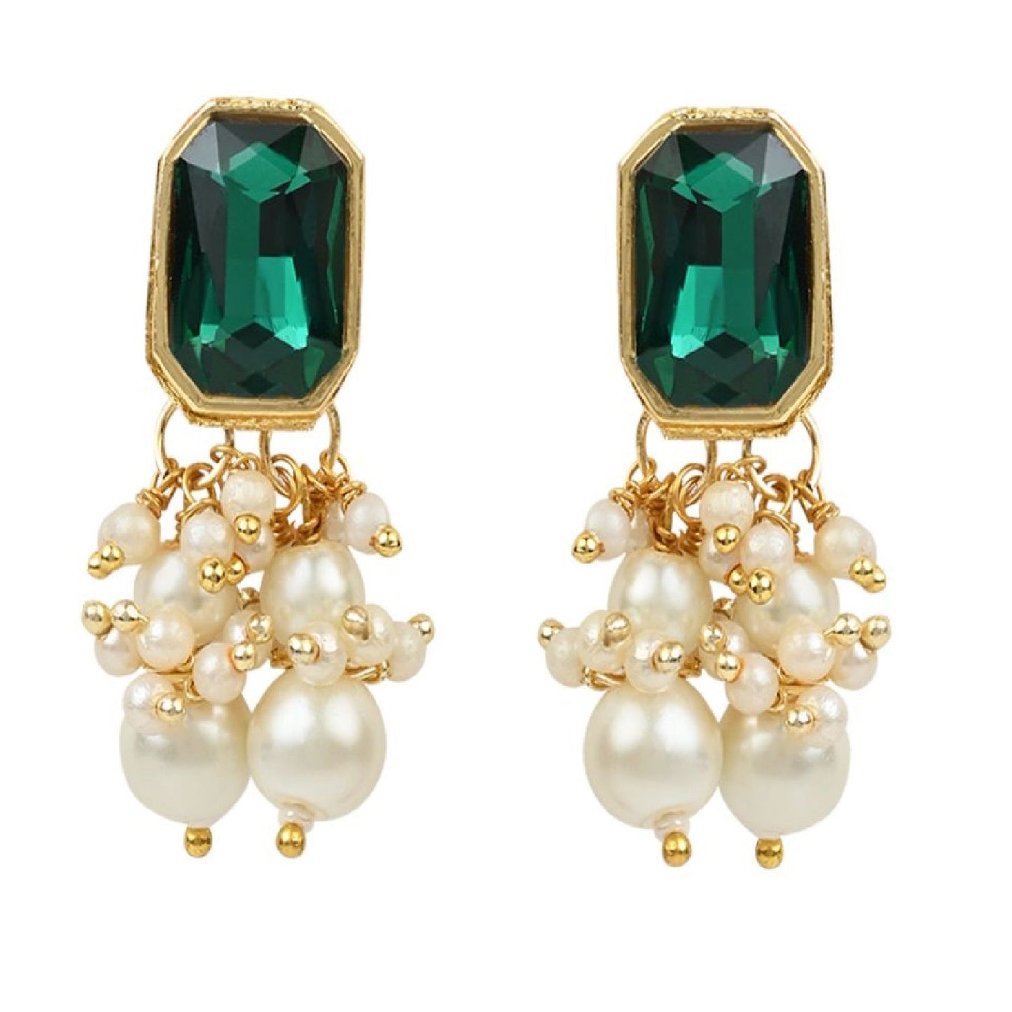 Gold-Polished Traditional Green Stone Studded Multi Layered White Pearl Choker Necklace Jewellery Set with Earrings for Women And Girls - Wahe Jewels - Swadesiicart
