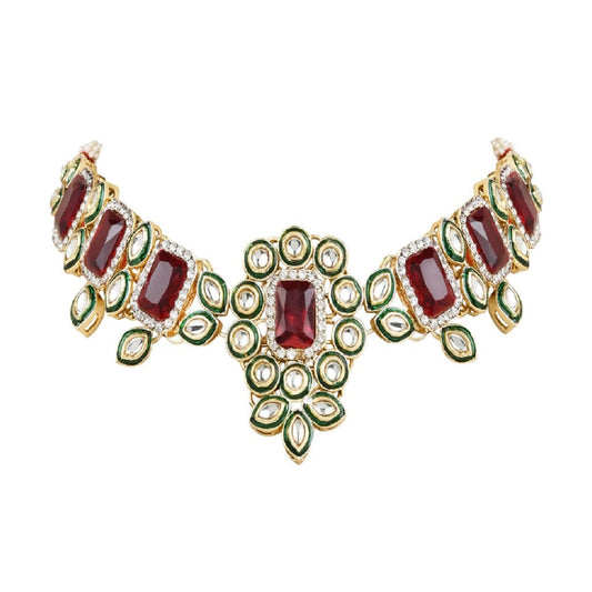 Gold-Polished Traditional Kundan & Stone Studded Choker Necklace Jewellery with Earrings & Maang Tikka Set for Women - Wahe Jewels - Swadesiicart