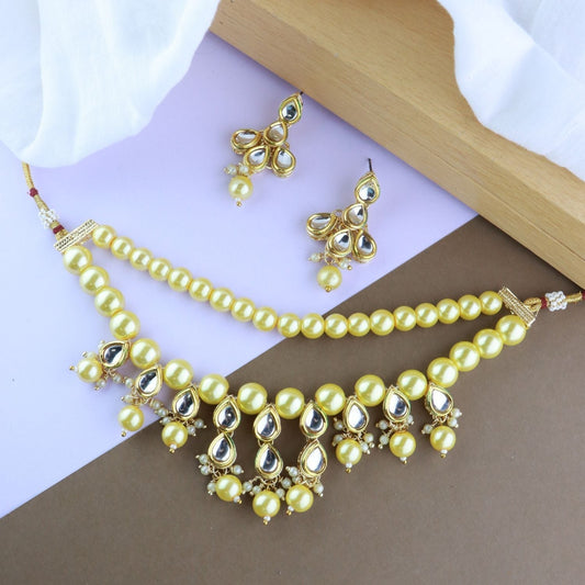 Gold-Polished Traditional Kundan & Pearls Choker Necklace Jewellery Set with Earrings for Women and Girls - Wahe Jewels - Swadesiicart
